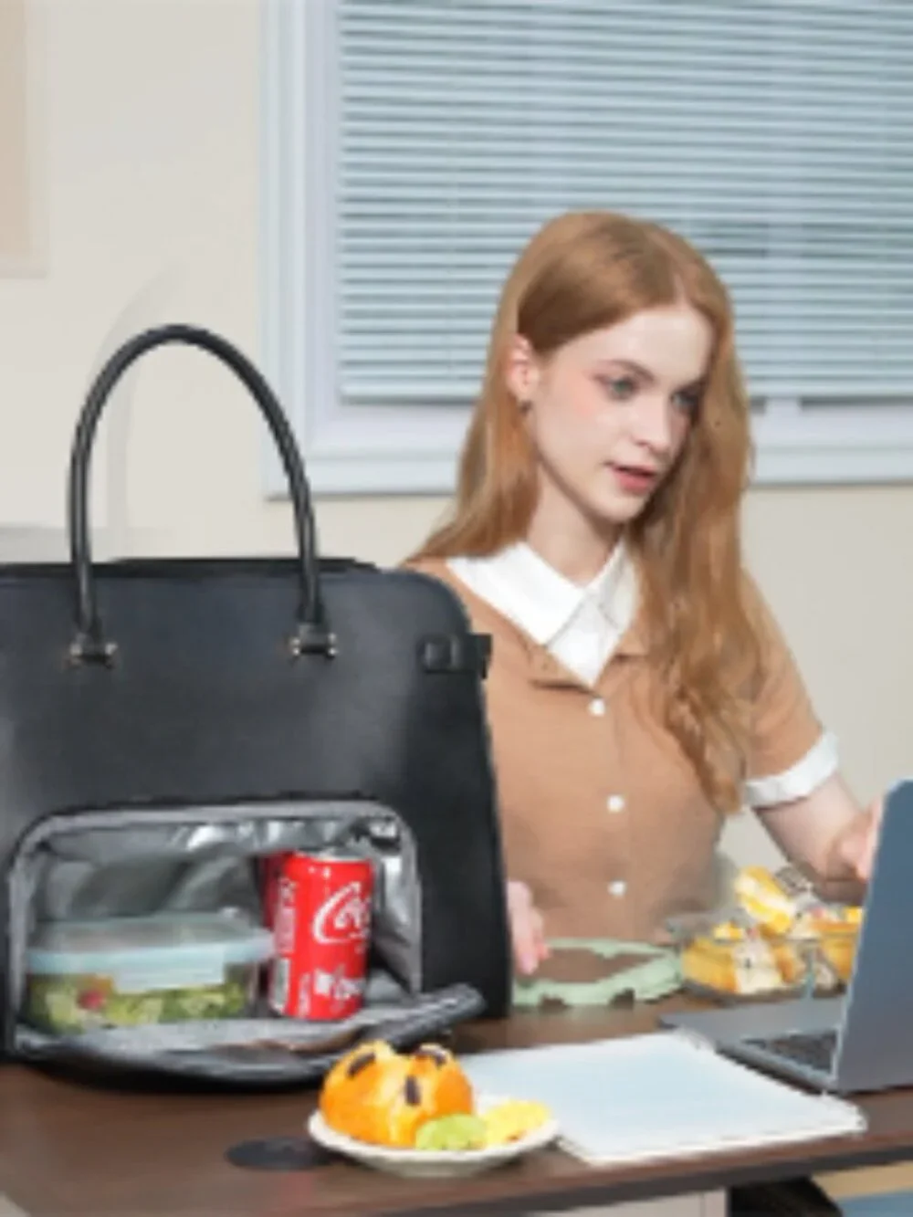 Insulated Lunch Tote Bag with Laptop Compartment, Expandable Leather Work Tote,